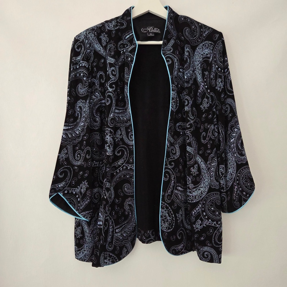 Alex Evenings Cardigan Black Blue Glitter Paisley Satin Trim Women XL